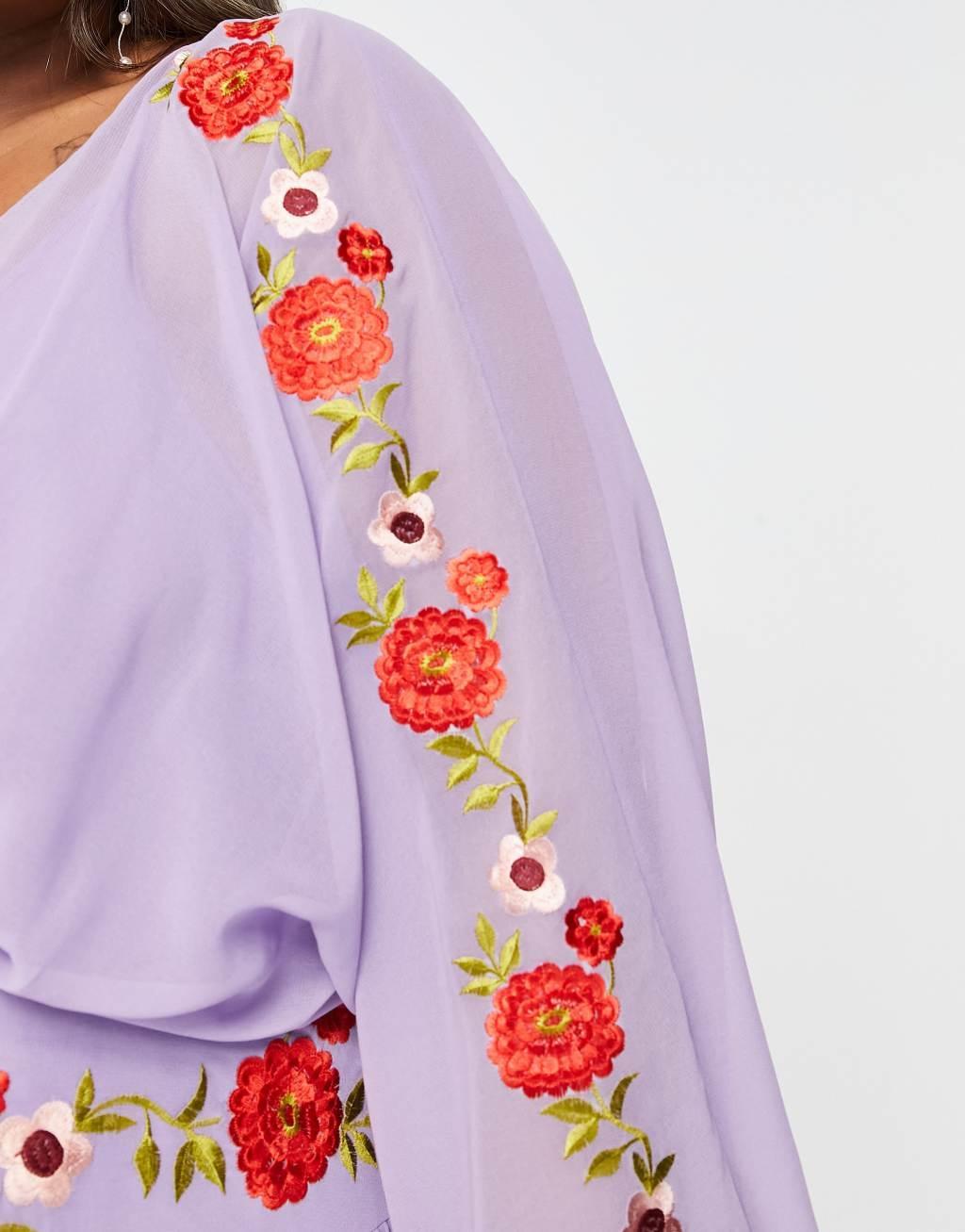 ASOS DESIGN Curve v neck batwing chiffon maxi dress with embroidery detail in lilac Product Image