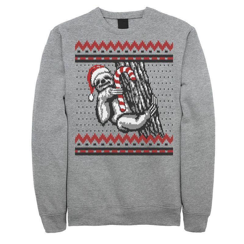 Mens Sloth Candy Cane Ugly Christmas Fleece Crewneck Sweatshirt Athletic Grey Product Image