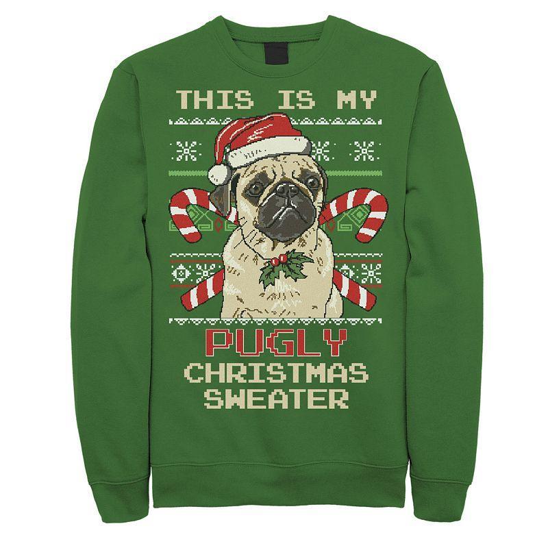 Mens Ugly Christmas Sweater Pug Candy Cane Graphic Fleece Pullover Product Image