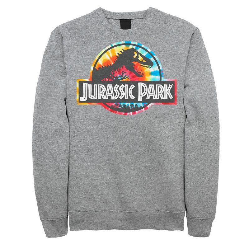 Mens Jurassic Park Tie Dye Circle Logo Graphic Fleece Pullover Athletic Grey Product Image