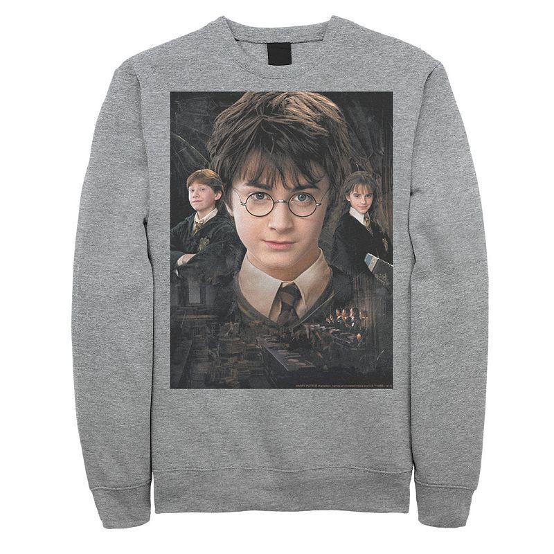 Mens Harry Potter Chamber Of Secrets Harry Ron Hermione Poster Fleece Graphic Pullover Athletic Grey Product Image