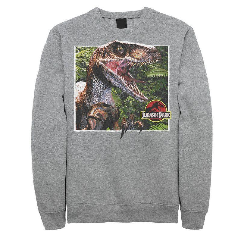 Mens Jurassic Park Raptor Coming Out Of Forest Pullover Sweatshirt Dark Grey Product Image