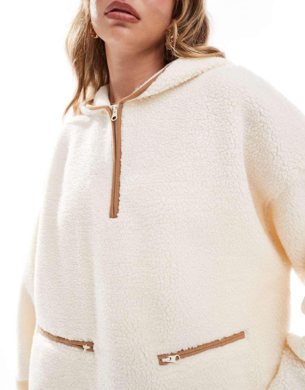 ASOS DESIGN half zip cape borg sweatshirt with tan trims in cream product image