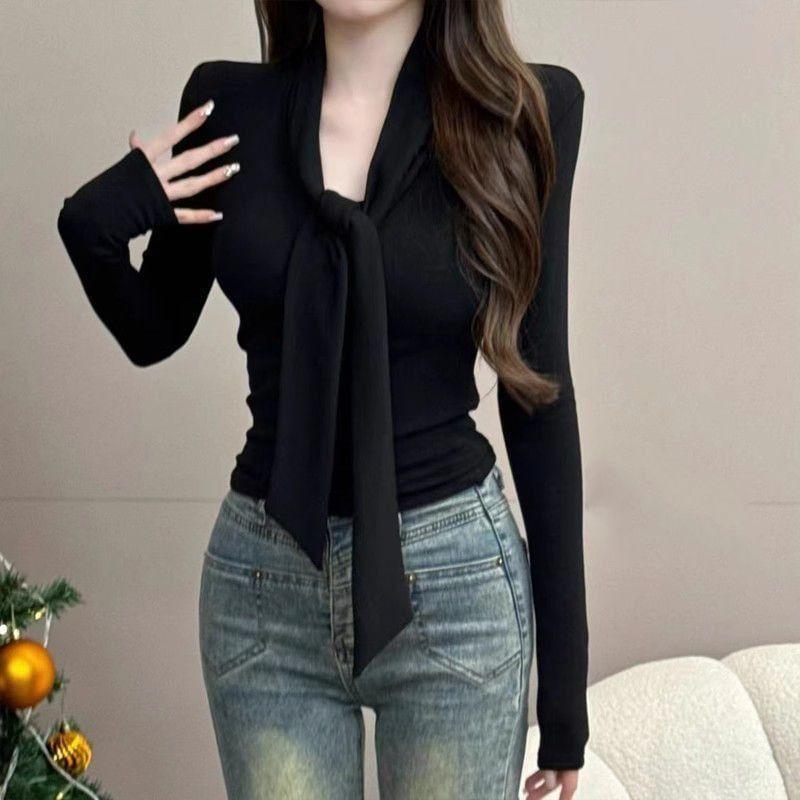 Long-Sleeve Tie Neck Plain Crop Top Product Image