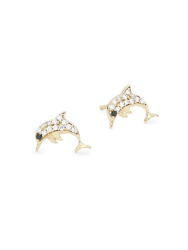 Womens 14K Yellow Gold & Diamond Dolphin Stud Earrings Product Image