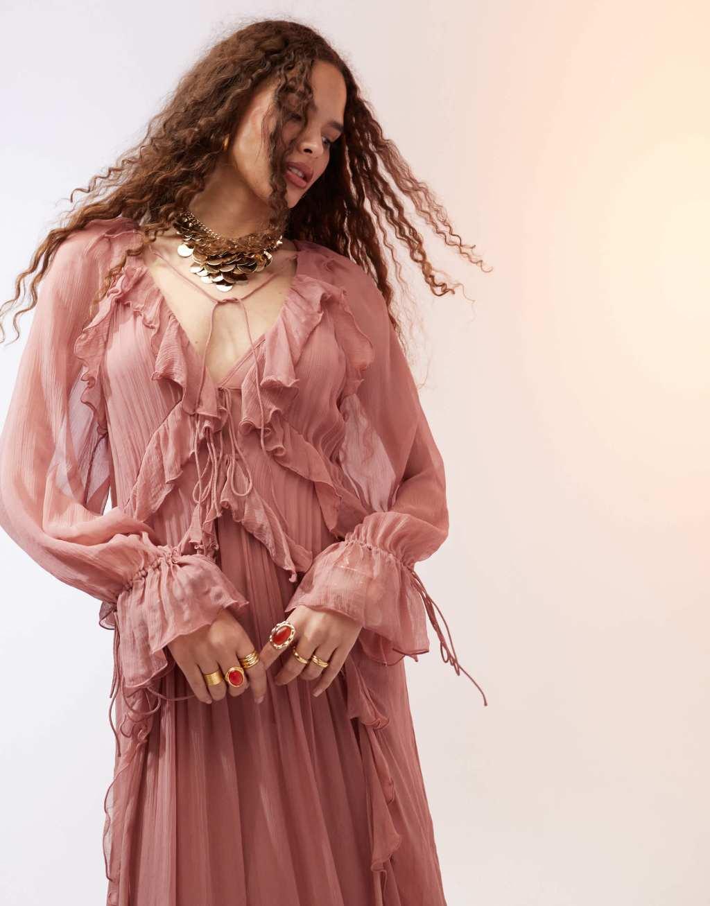 Mango v neck ruffle layer maxi dress in dusty pink Product Image