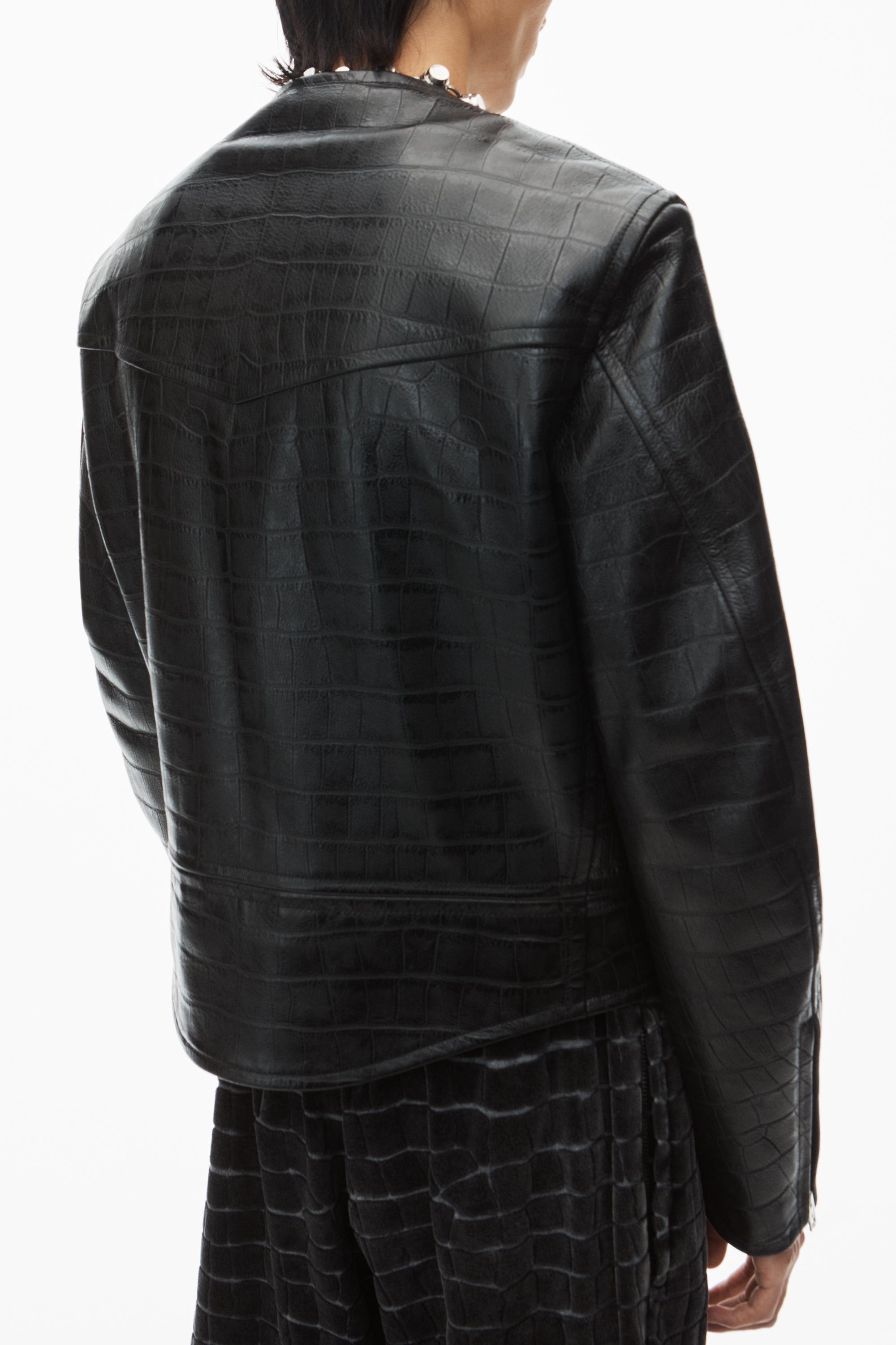 Collarless Croc-embossed Leather Jacket Product Image