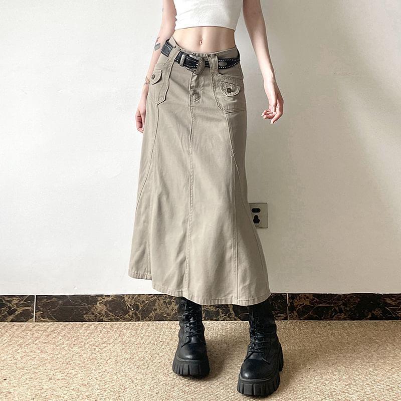 Mid Rise Plain Midi A-Line Cargo Skirt Product Image