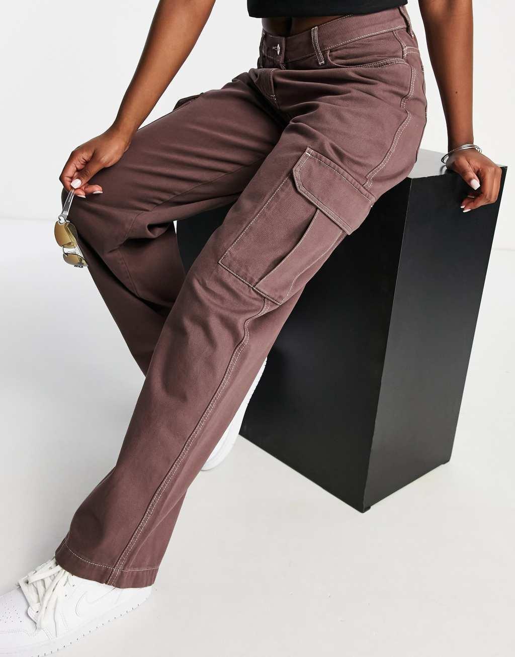 COLLUSION anti fit cargo jeans with contrast stitch in mocha Product Image