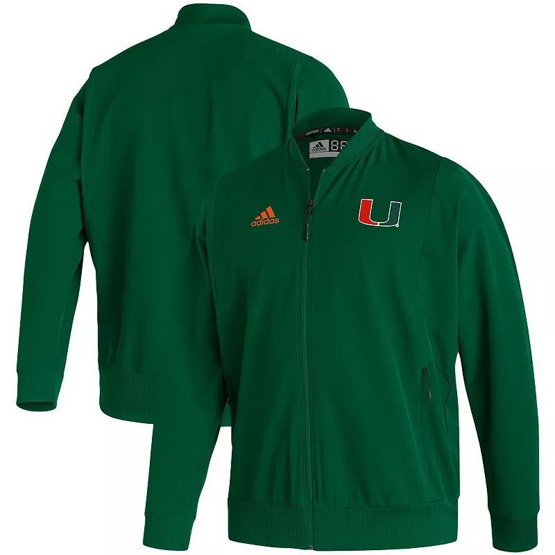 Mens adidas Green Miami Hurricanes 2021 Sideline Woven Primeblue Full-Zip Bomber Jacket Product Image