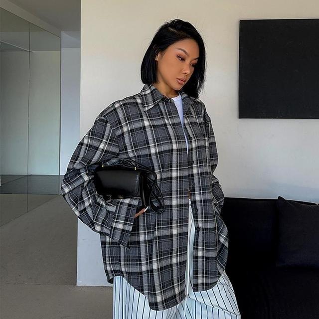 Long Sleeve Collared Plaid Oversized Shirt Product Image