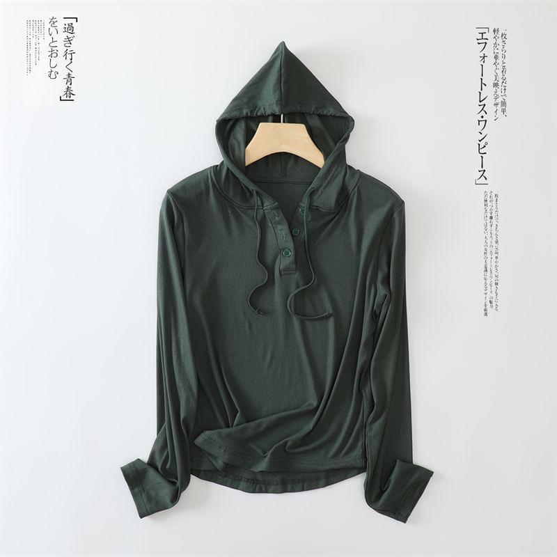 Plain Drawstring Ribbed Hoodie Product Image