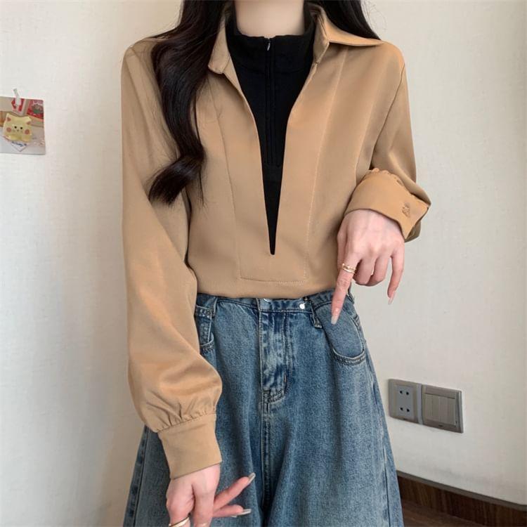 Mock Two-Piece Long-Sleeve Two Tone Overhead Blouse Product Image