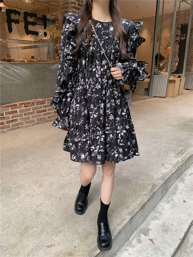 Long-Sleeve Round Neck Floral Ruffle Trim A-Line Dress Product Image