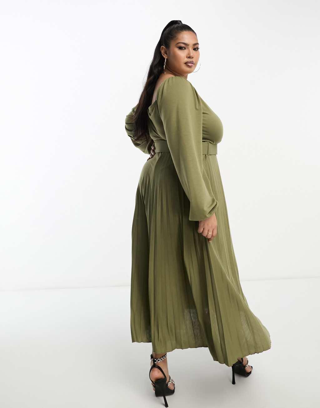 ASOS DESIGN Curve wrap front midi dress with pleat skirt and belt in khaki  Product Image