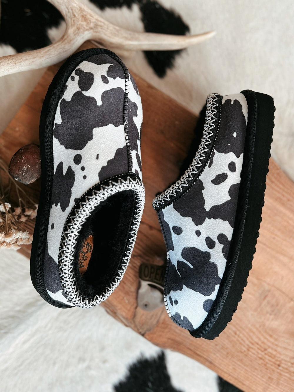 Very G Black Cow Sparks Fuzzy Slippers Product Image