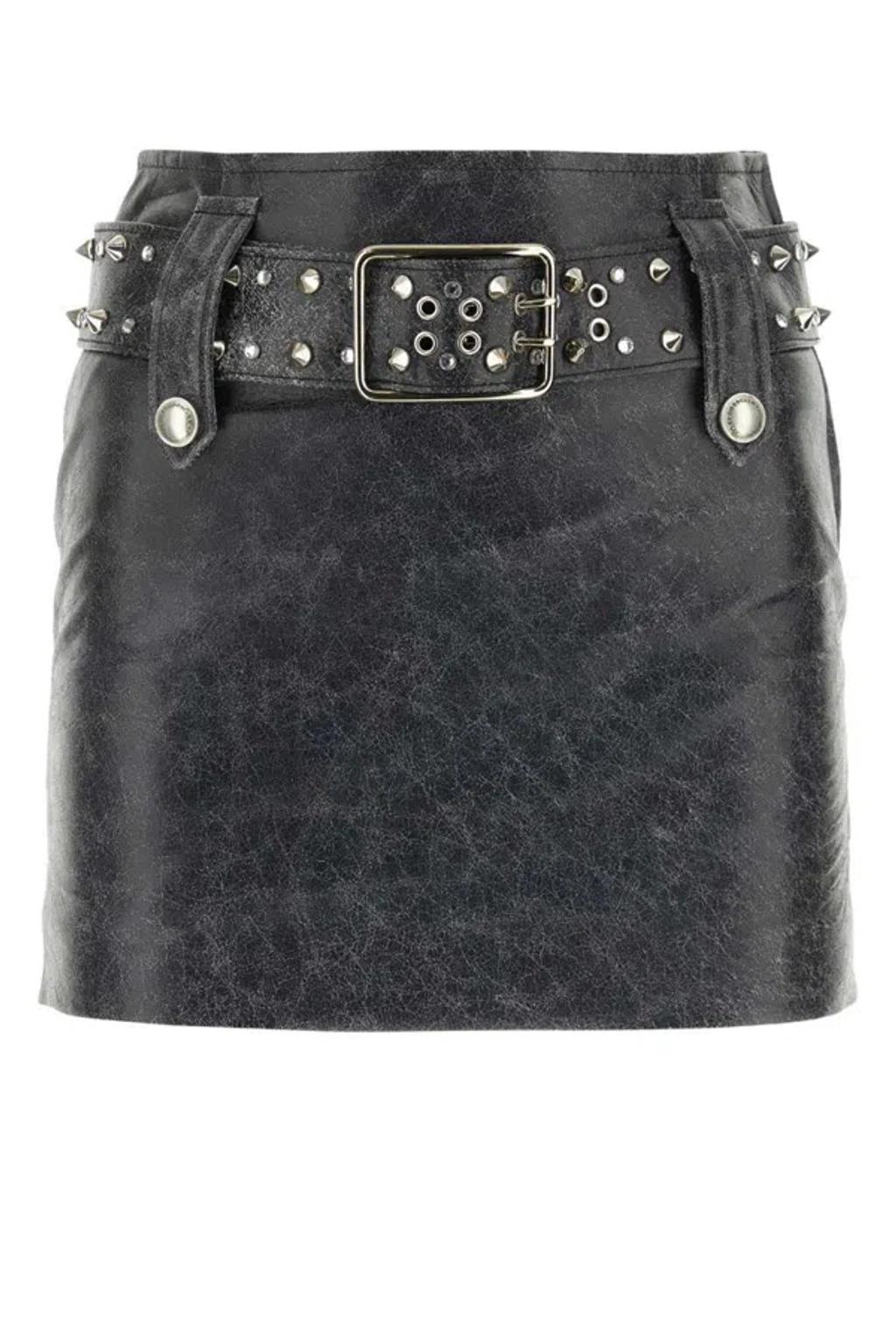 ALESSANDRA RICH Belted Embellished Leather Miniskirt In Black Product Image