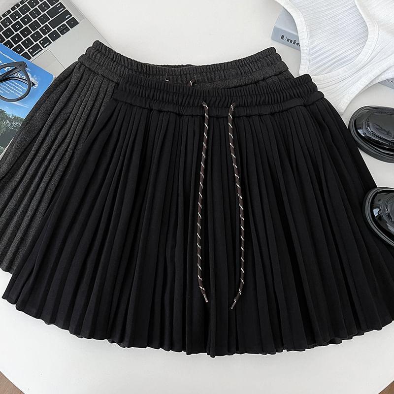 Drawstring Waist Plain Pleated Mini A-Line Skirt Product Image