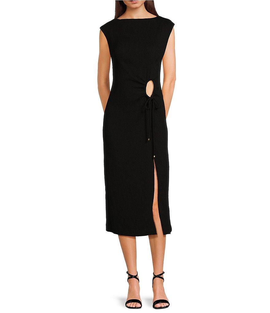 Trina Turk Evelyn Plisse Boat Neck Cap Sleeve Ruched Midi Sheath Dress Product Image