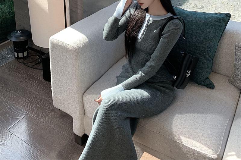 Long Sleeve Round Neck Two Tone Button Knit Maxi Sheath Dress Product Image