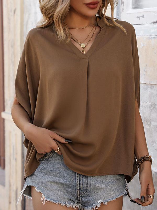 Batwing Sleeves Loose Solid Color Split-Joint V-Neck T-Shirts Product Image