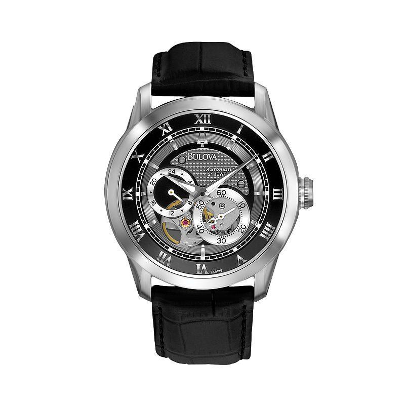 Bulova Mens Leather Automatic Skeleton Watch - 96A135, Black Product Image