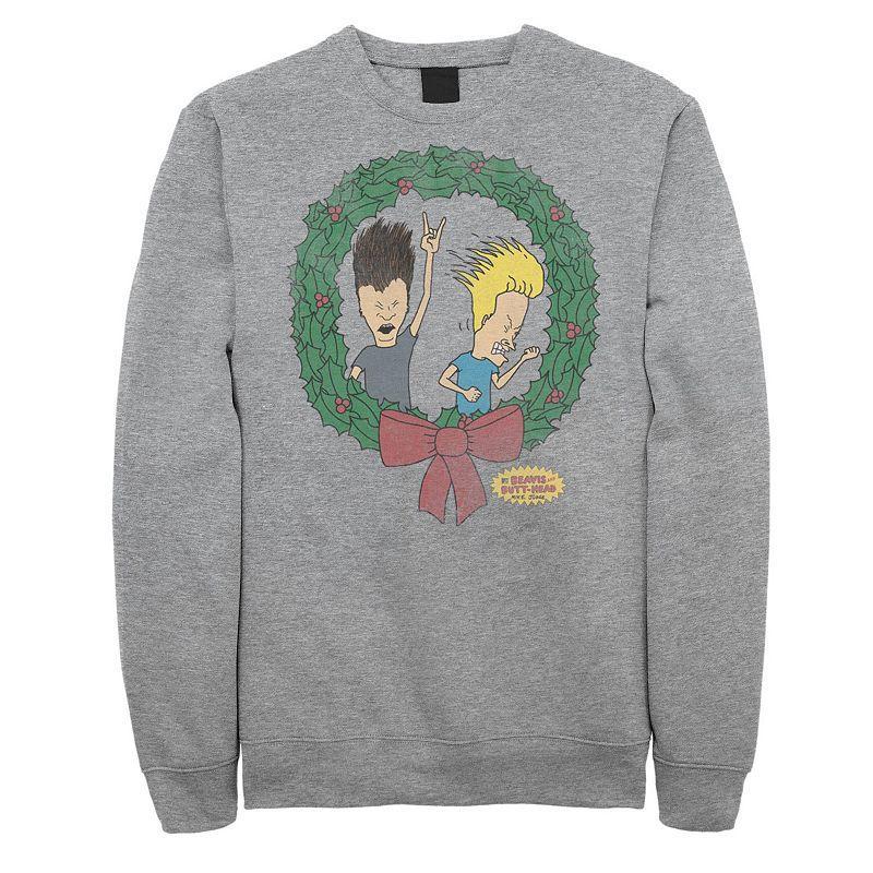 Mens Beavis And Butthead Christmas Wreath Fleece Athletic Grey Product Image