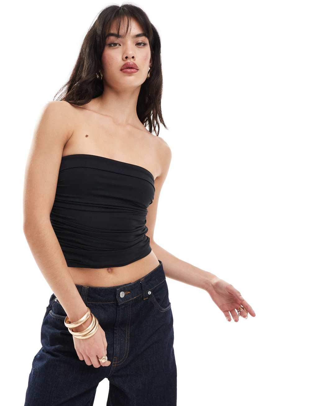 Stradivarius ruched detail bandeau top in black product image