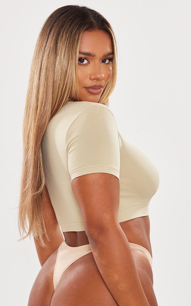 Shape Taupe Stretch Seamless Scoop Neck Crop T Shirt Product Image