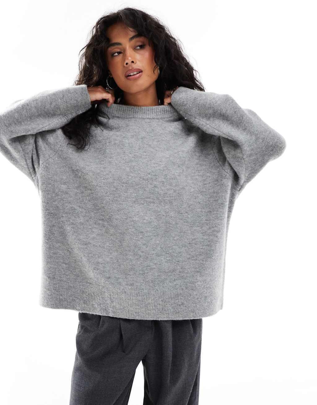 Stradivarius soft touch round neck sweater in gray Product Image