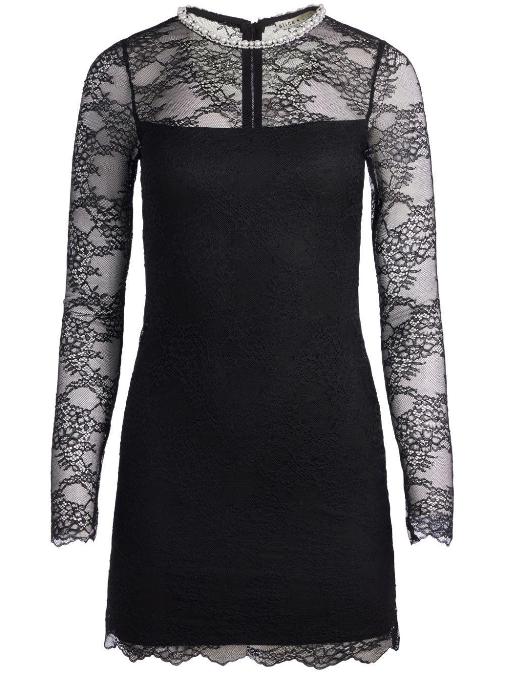 ALICE AND OLIVIA Delora Embellished Neck Long Sleeve Lace Mini Dress In Black Product Image