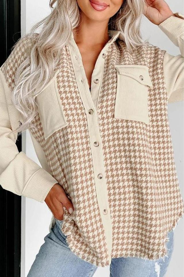 Parchment Houndstooth Corduroy Patchwork Flap Pocket Shacket Product Image