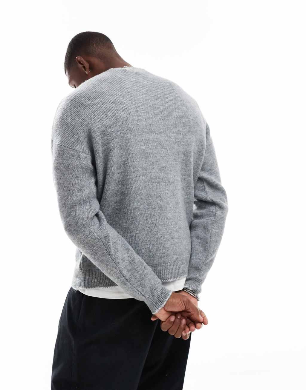 ASOS DESIGN relaxed knit plush sweater in gray with contrast blanket stitch Product Image