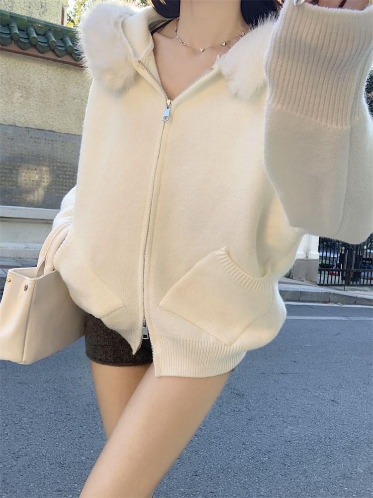 Faux Fur-Trim Hooded Knit Cardigan Product Image