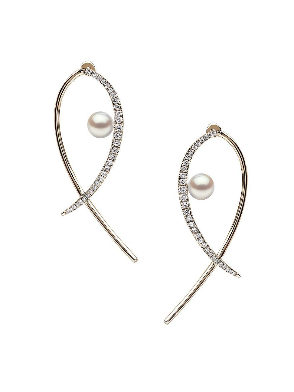 Womens Sleek 18K Yellow Gold, 6-6.5MM Akoya Pearl & Diamond Infinity Hoop Earrings Product Image