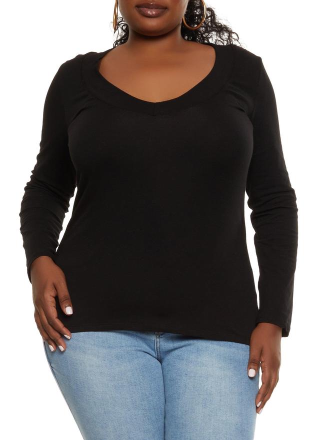 Womens Plus Size Solid V Neck Long Sleeve Tee Product Image