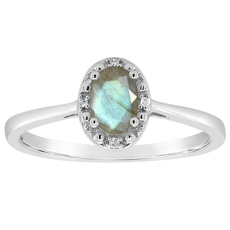 Celebration Gems Sterling Silver 6 mm x 4 mm Oval Labradorite & Diamond Accent Halo Ring, Womens Product Image