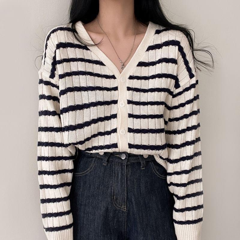 V-Neck Striped Ribbed Cardigan Product Image