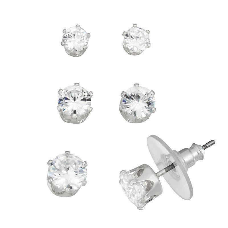 Napier Silver Tone Cubic Zirconia Stud Trio Earrings Set, Womens, Clear Product Image