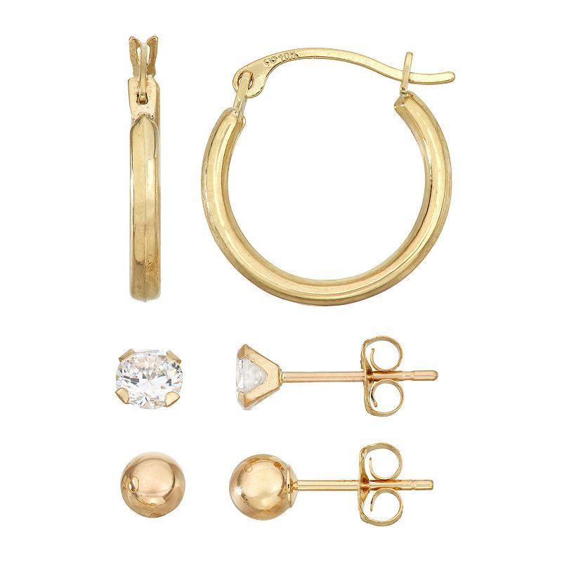 Taylor Grace 10k Gold Ball, Cubic Zirconia & Hoop Earring Set, Womens Product Image