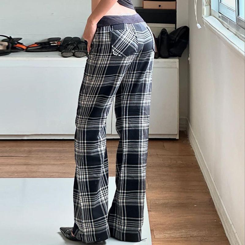 Low Waist Plaid Straight-Fit Wide-Leg Pants Product Image