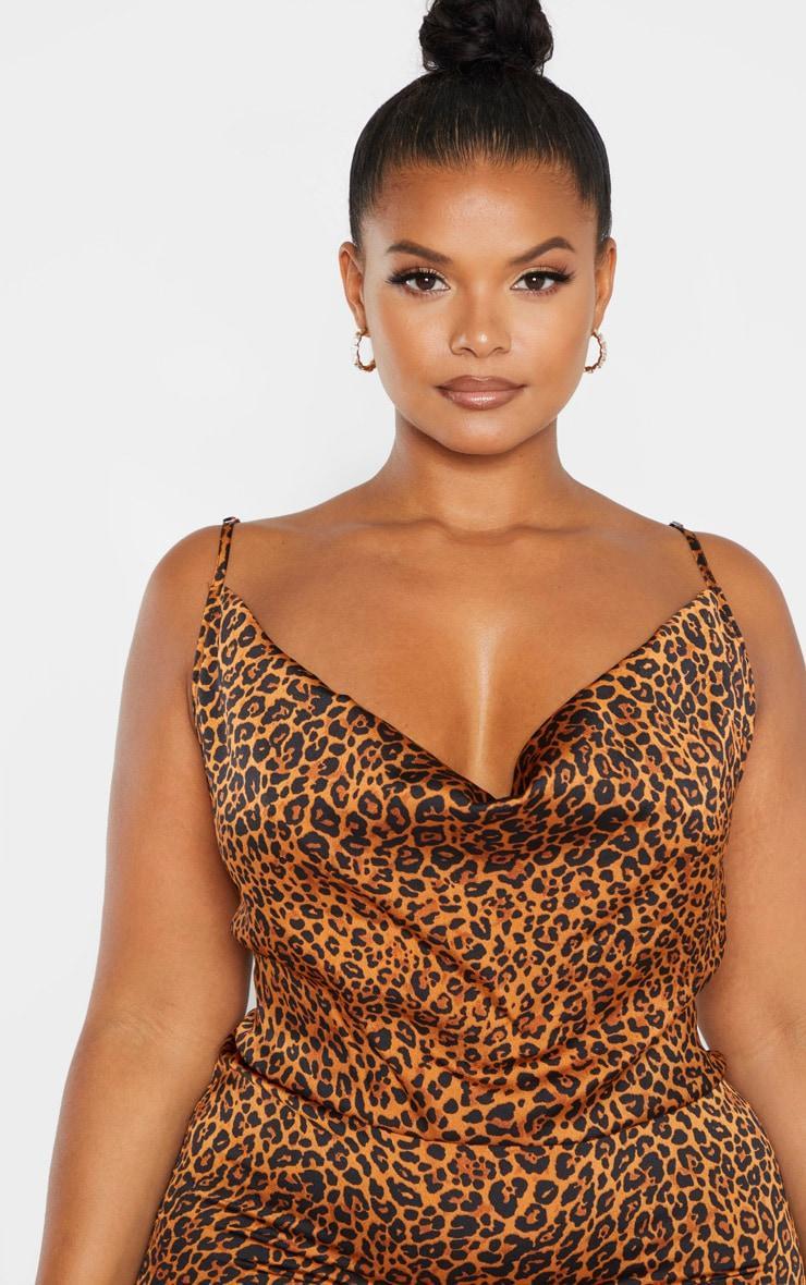 Plus Leopard Print Strappy Satin Cowl Midi Dress Product Image