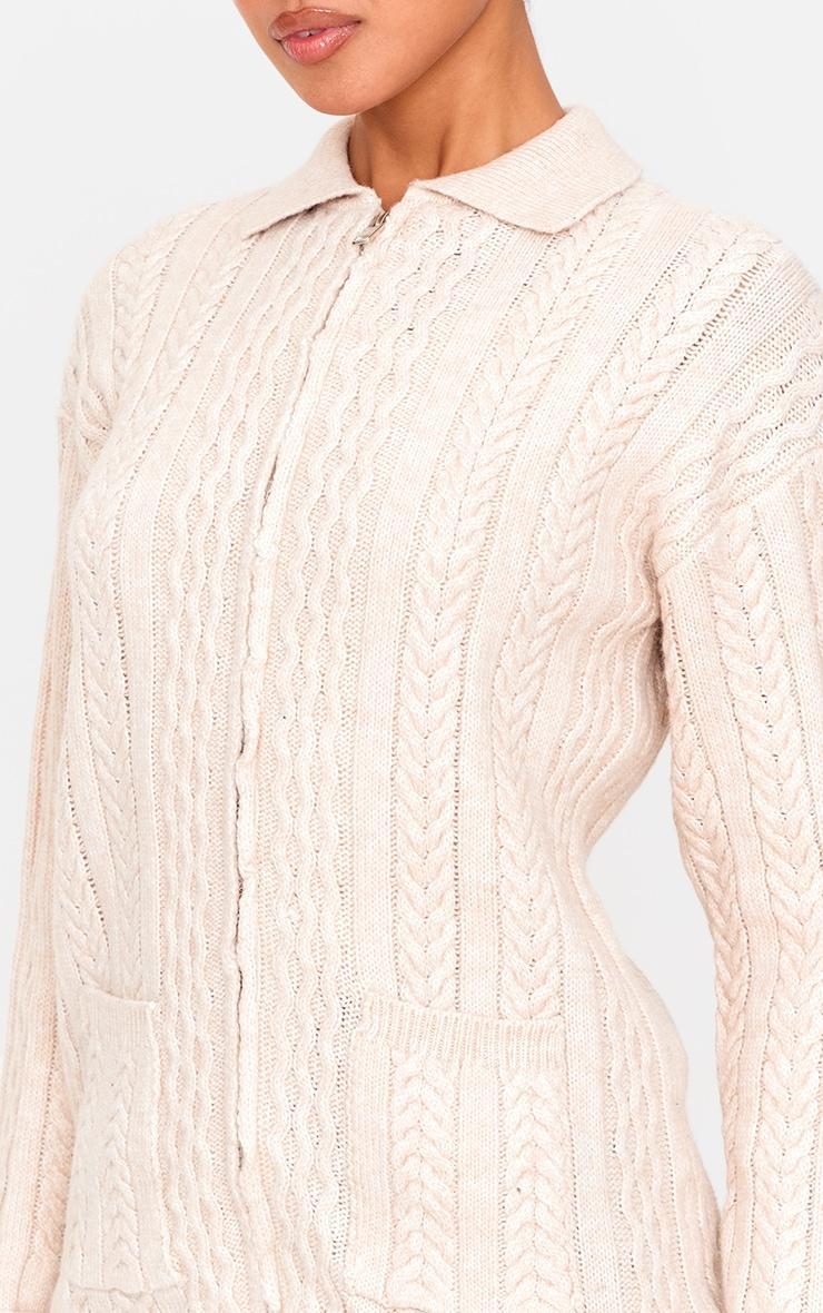 Oatmeal Cable Knit Collar Detail Zip Up Cardigan Product Image