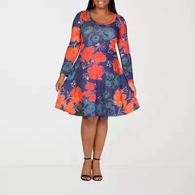 24seven Comfort Apparel Womens Long Sleeve Floral A-Line Dress Plus Product Image