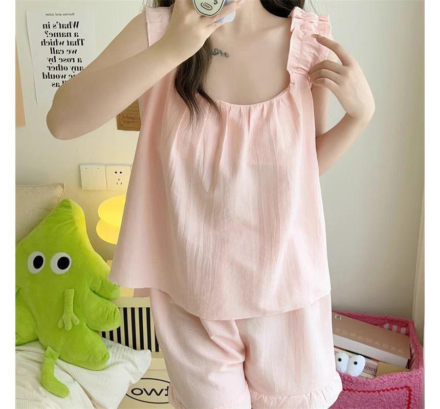 Pajama Set: Plain Ruffle Camisole Top + Shorts Product Image