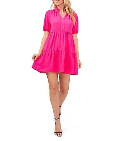 CeCe Ruffle Mock V-Neck Short Puffed Sleeve Tiered Mini Dress Product Image