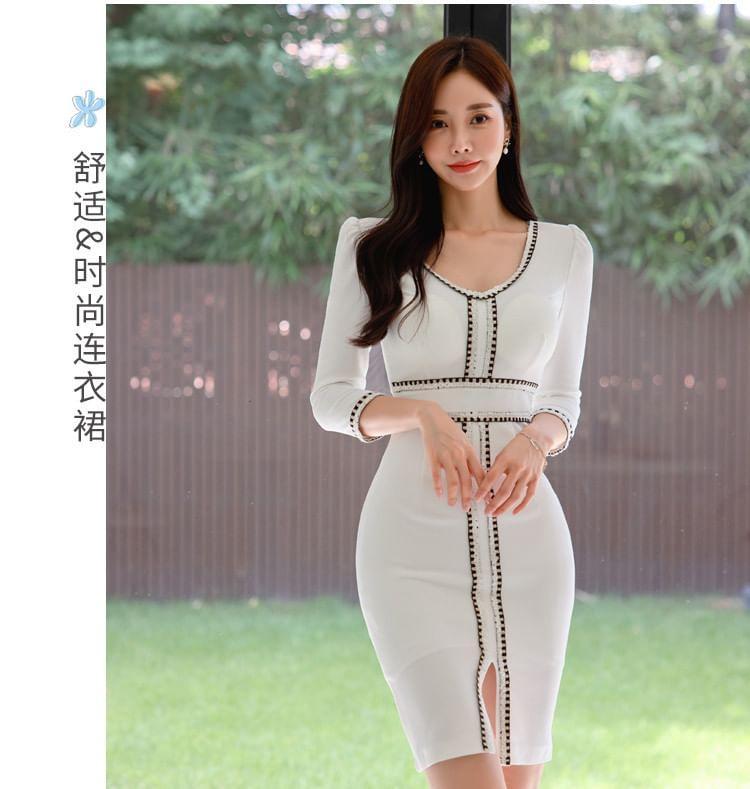 3/4-Sleeve V-Neck Contrast Trim Slit Bodycon Dress Product Image