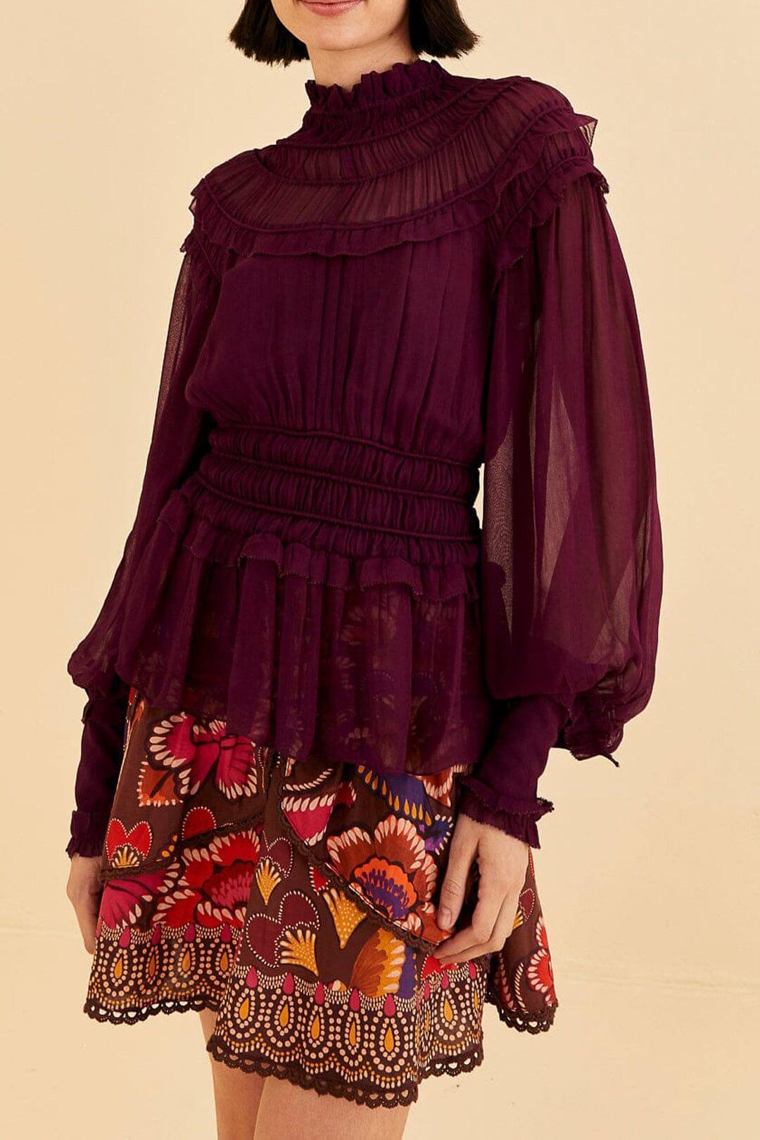 Burgundy Ruffle High Neck Blouse, BURGUNDY / M product image