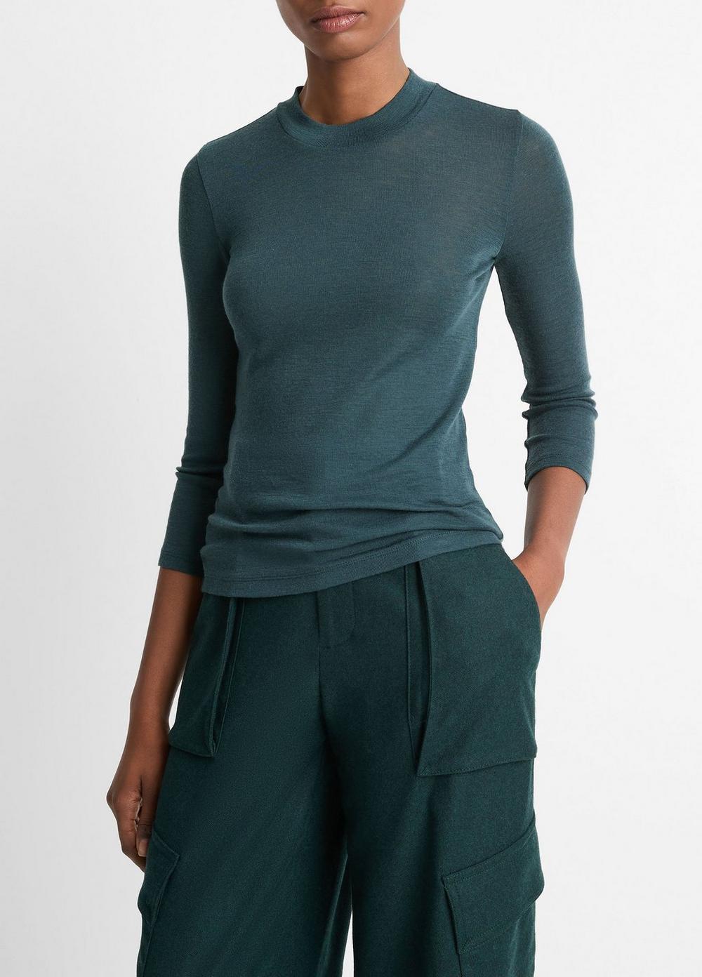 Wool Three-Quarter-Sleeve Mock-Neck Top Product Image