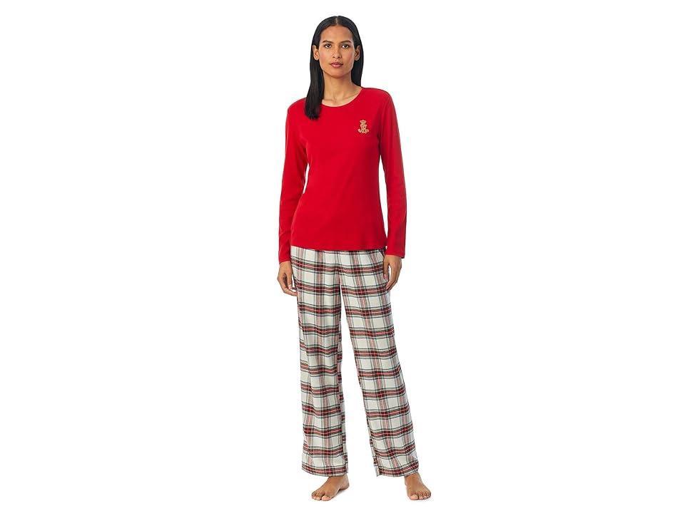 Lauren Ralph Lauren Long Sleeve Solid Knit Top  Brushed Twill Plaid Long Pant Pajama Set Product Image